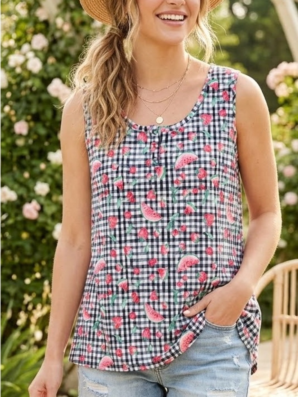 Christopher & Banks Gingham Fruit Tank Top Size XL Watermelon Strawberry Henley